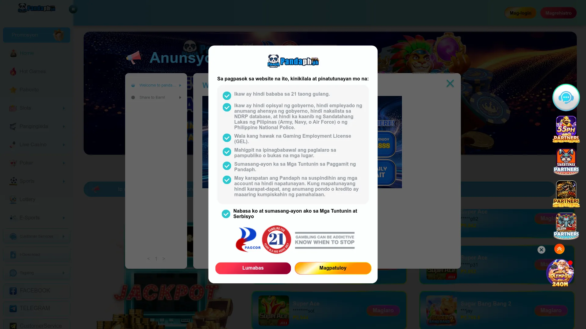Panda Casino desktop platform interface